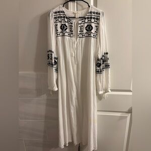 H&M White Midi Dress with Black Embroidery